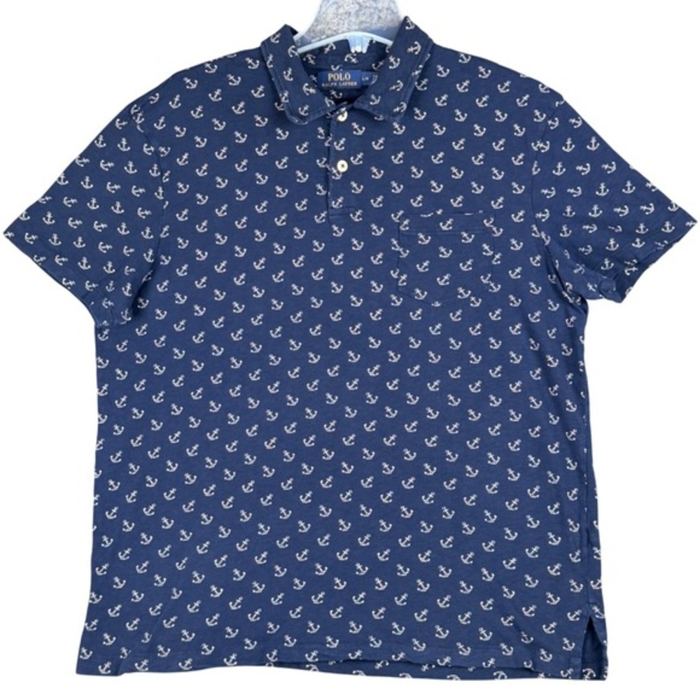 Polo Ralph Lauren Men's L Blue Nautical Anchor Cotton Polo Shirt Chest Pocket